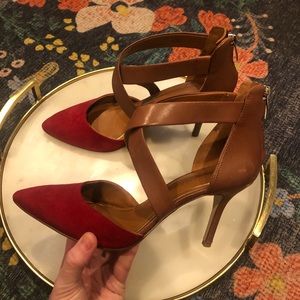 Enzo Angiolini red suede and brown leather heels